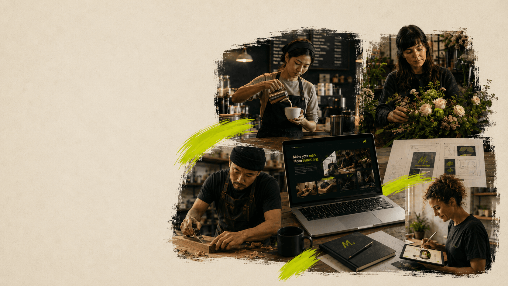 Independent makers at work alongside a laptop displaying a bespoke website