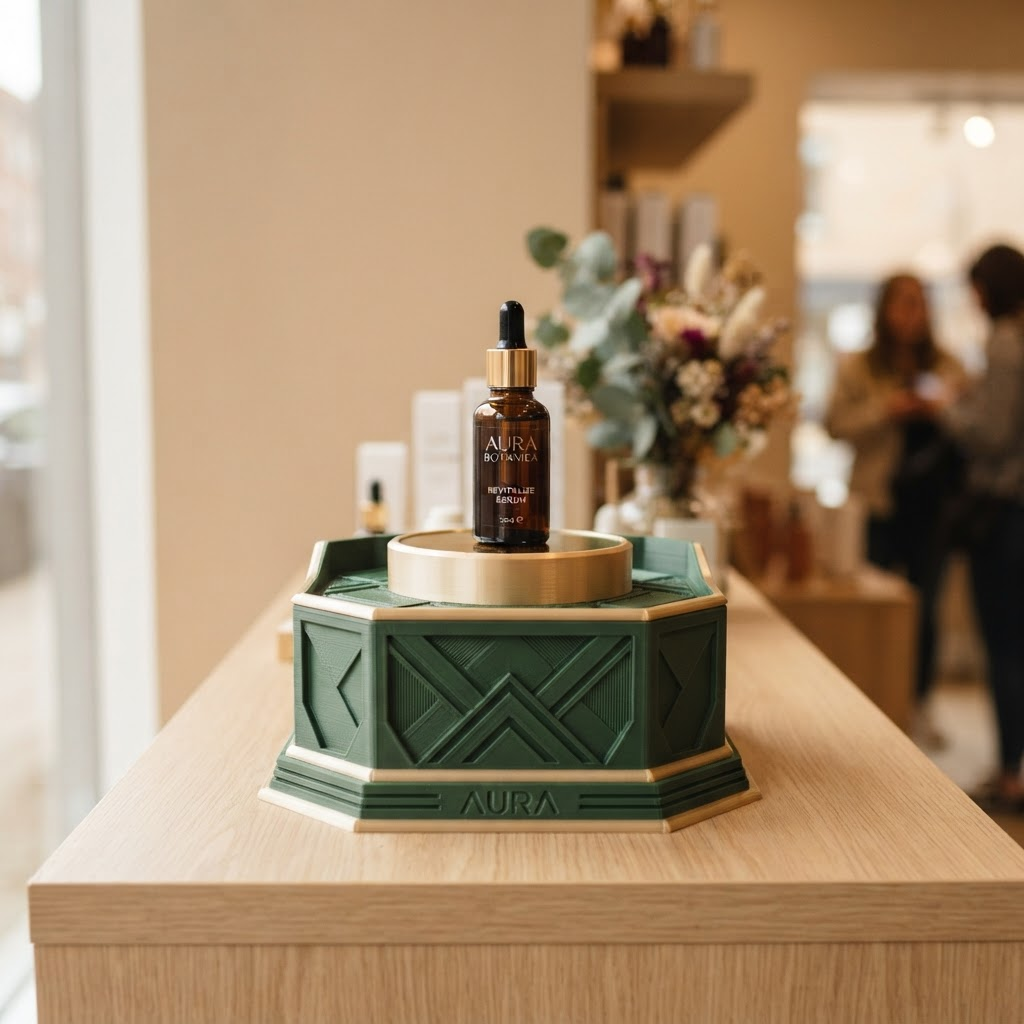 Custom 3D printed product display riser showcasing a retail product