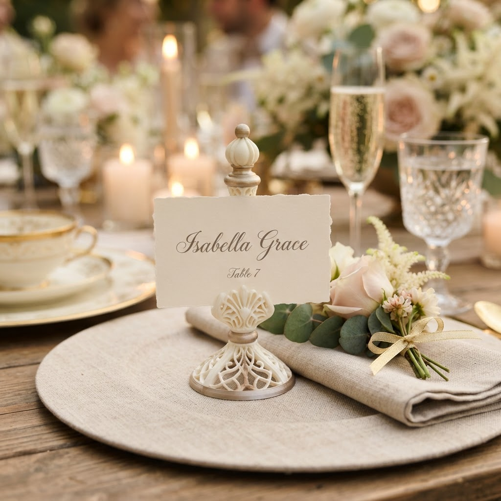 Custom 3D printed place card holder on a styled place setting