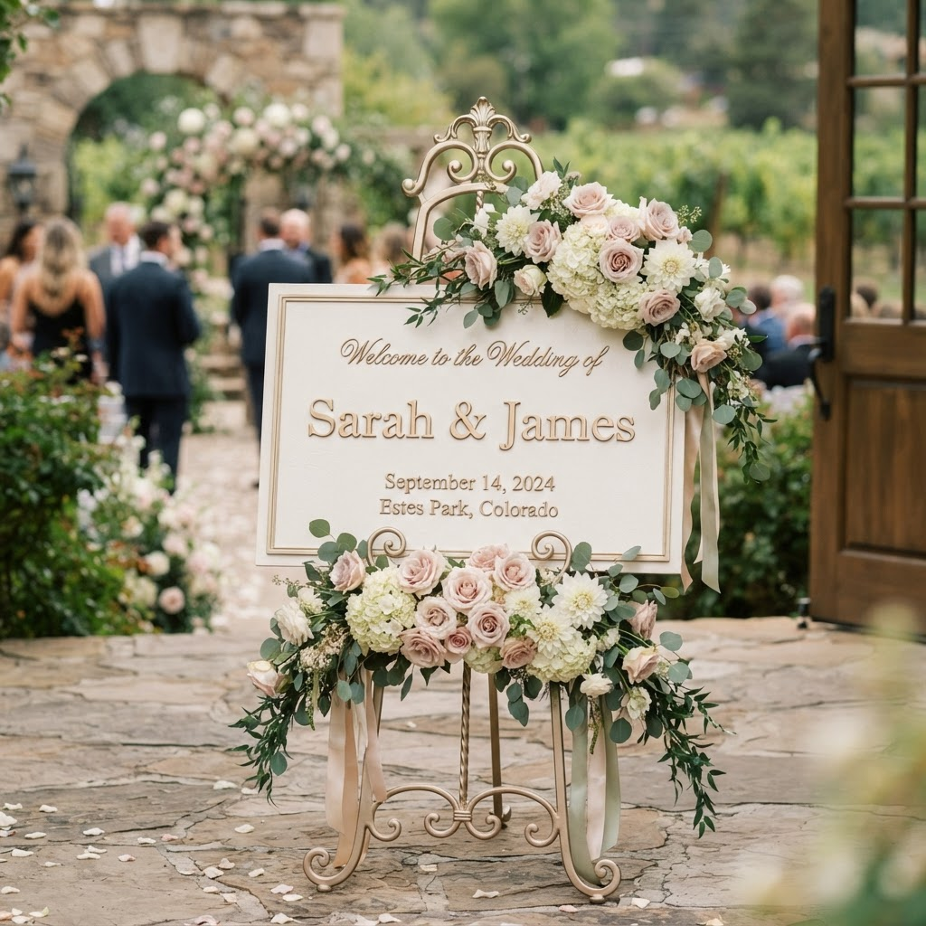 Custom 3D printed welcome sign accent on an easel with florals