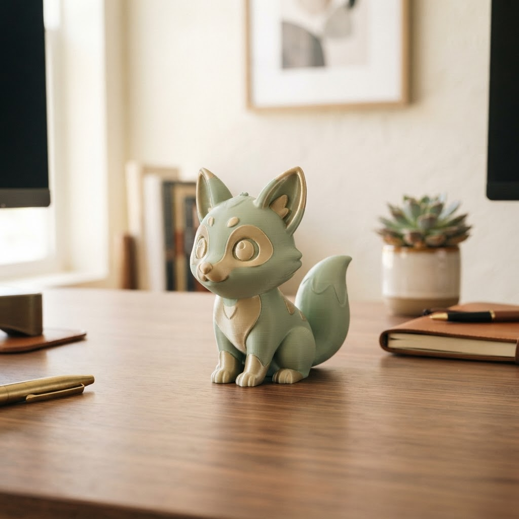 Original custom 3D printed desk mascot object in sage and gold