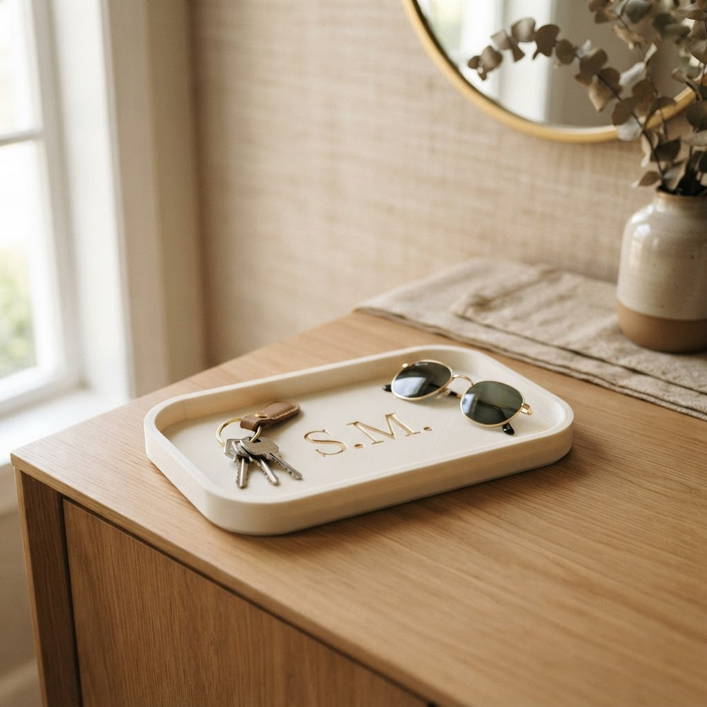 Custom 3D printed key and catch-all tray with a gold monogram