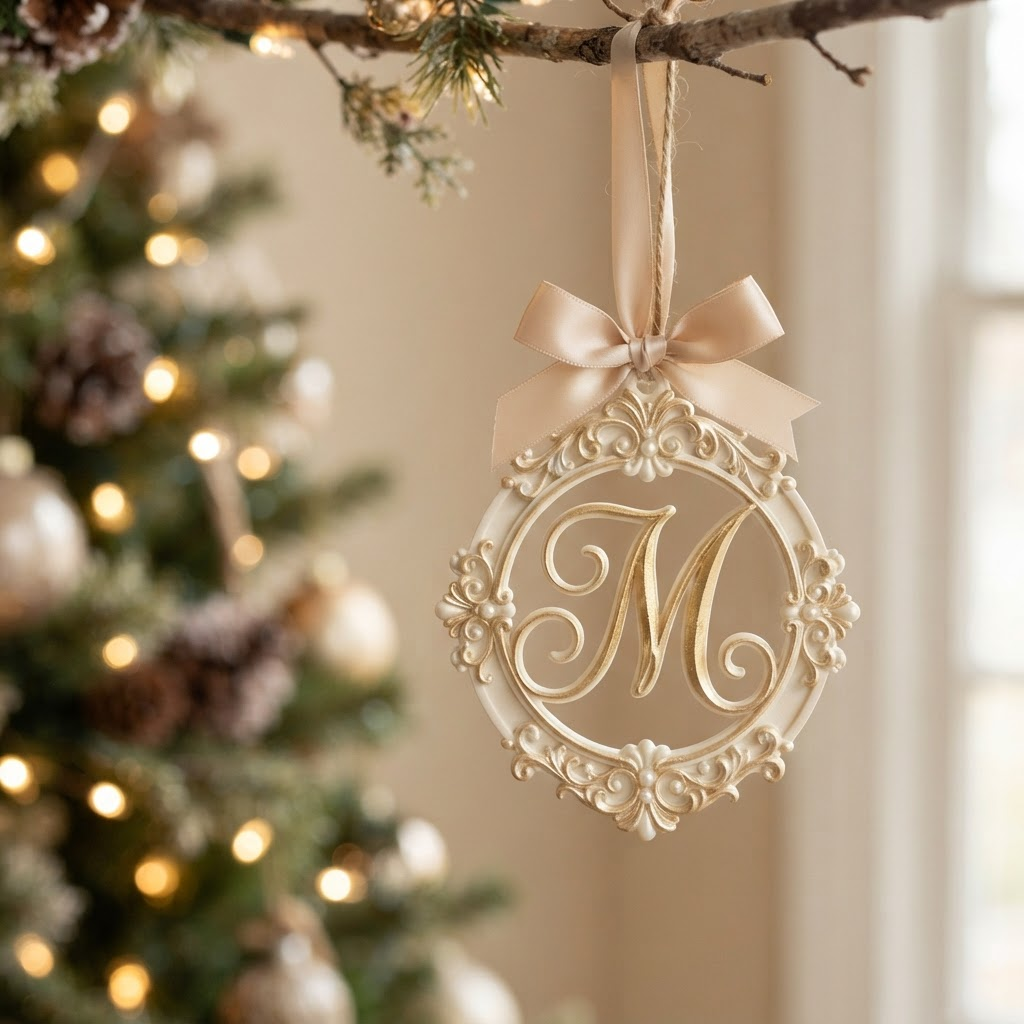 Custom 3D printed monogram ornament in ivory and champagne gold
