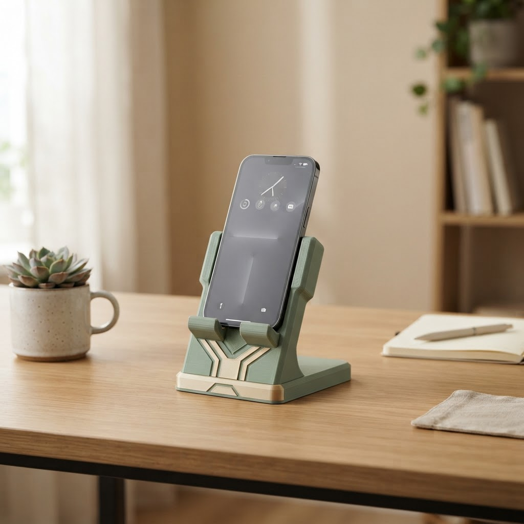 Custom 3D printed phone stand holding a smartphone on a desk