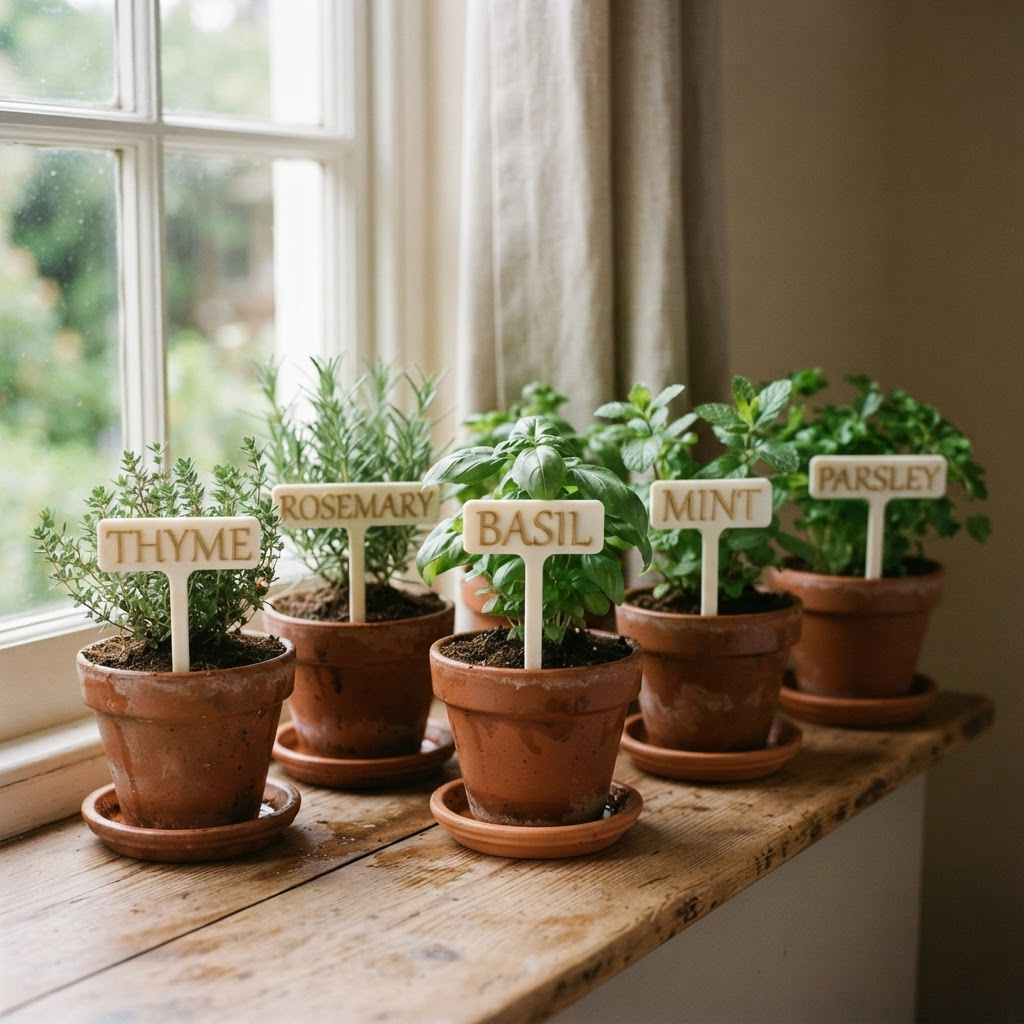 Set of custom 3D printed plant markers in potted plants