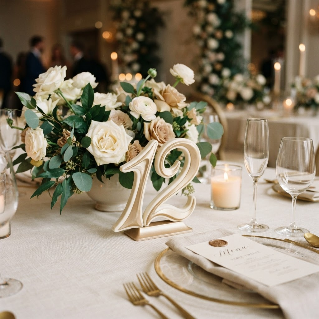 Custom 3D printed ivory and champagne gold wedding table number twelve on a styled reception table