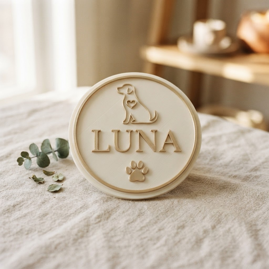 Custom 3D printed pet memorial plaque with a name and paw detail