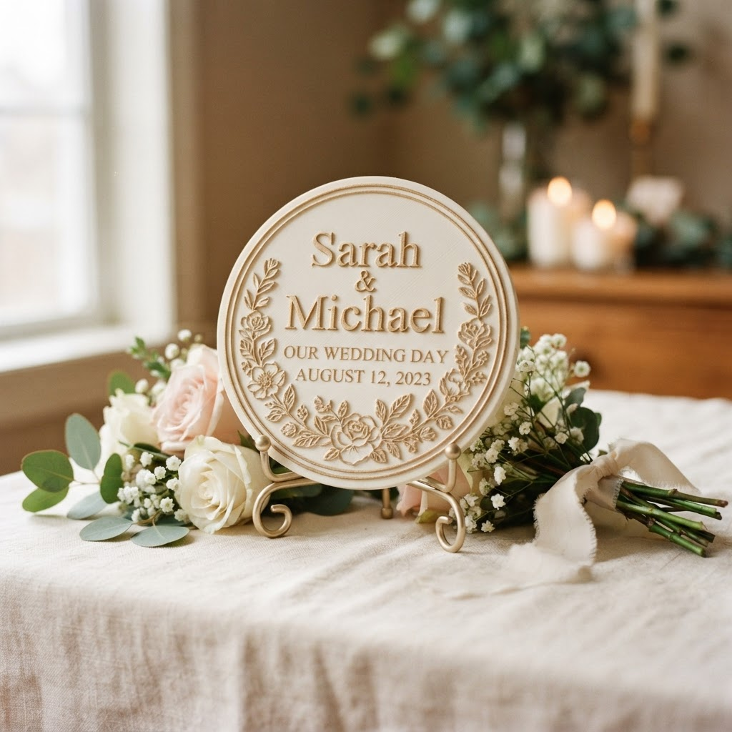 Custom 3D printed wedding date keepsake on a small stand