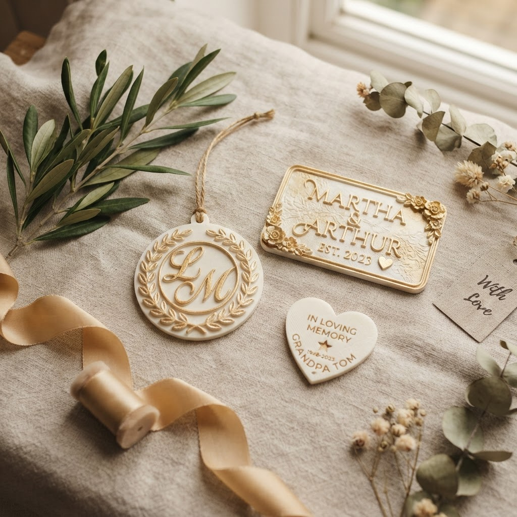 Flatlay of custom 3D printed keepsakes including a monogram ornament and name plaque