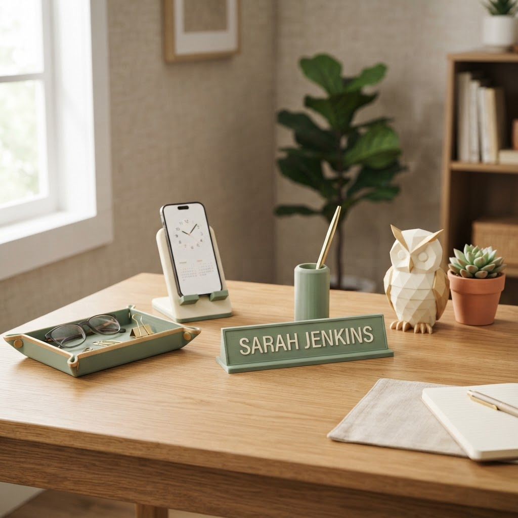 Curated desk arrangement of custom 3D printed nameplate, tray, phone stand, and mascot