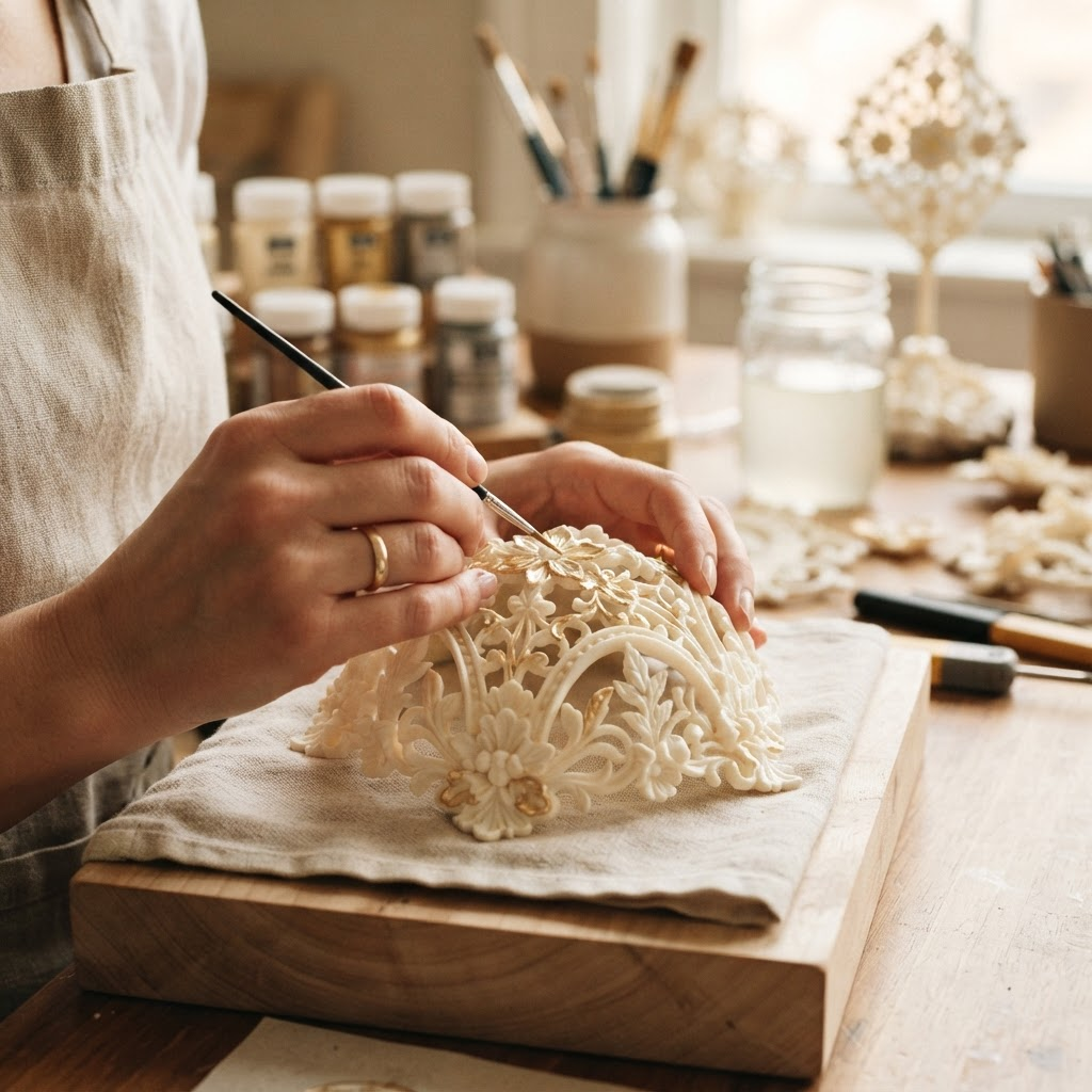 Hands carefully finishing and painting an ivory 3D printed piece