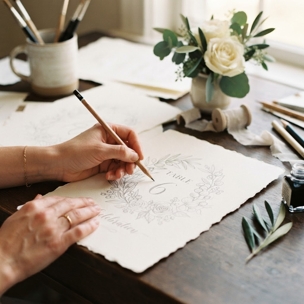 A designer sketching a concept for a custom piece on cream paper